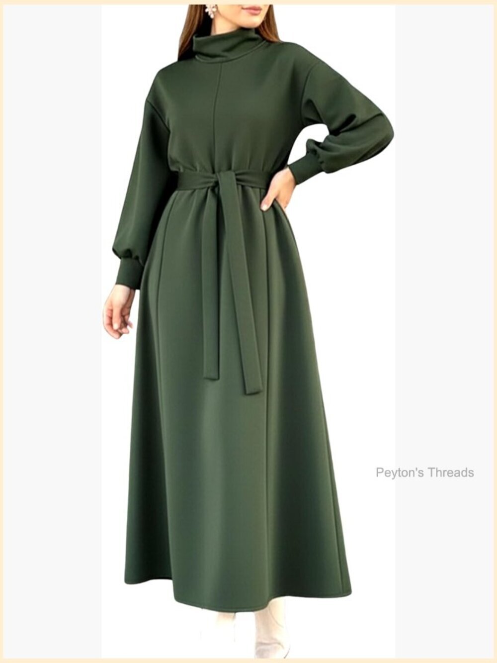 High Neck Long Sleeve Midi Dress with Belt